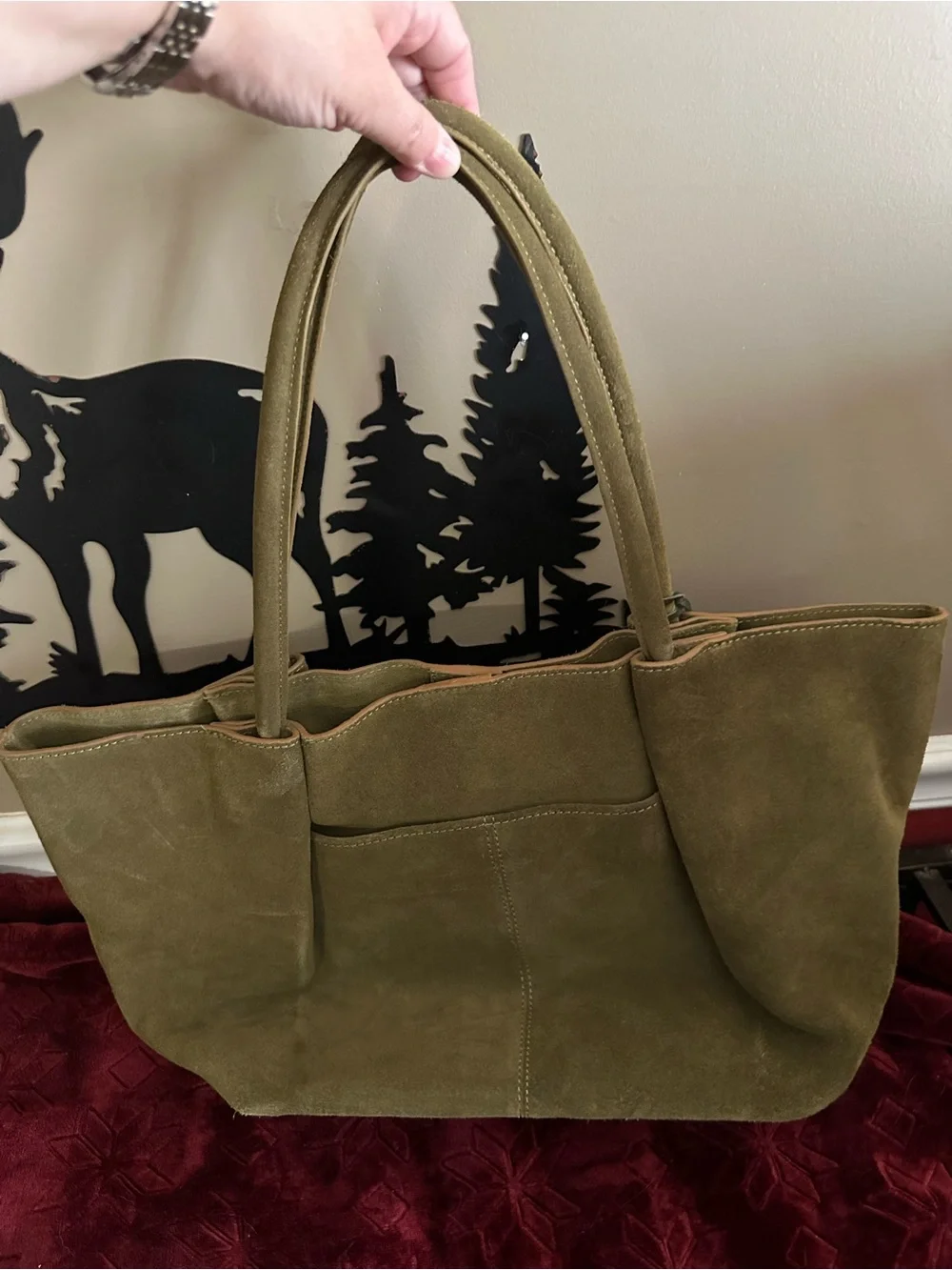 Olive Green Suede Tote Bag with Multicolor Tassel